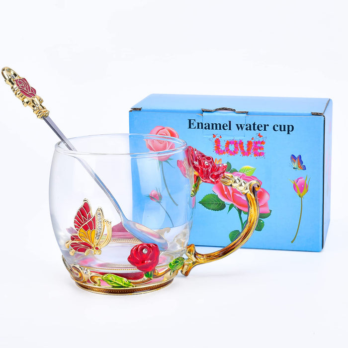 OEAGO Gifts for Mom Women Mothers Day Glass Coffee Enamels Mug Best Birthday Butterfly Rose Gifts for Her from Daughter Son Lead-Free Valentines Day Christmas Red Tea Cup with Spoon Set