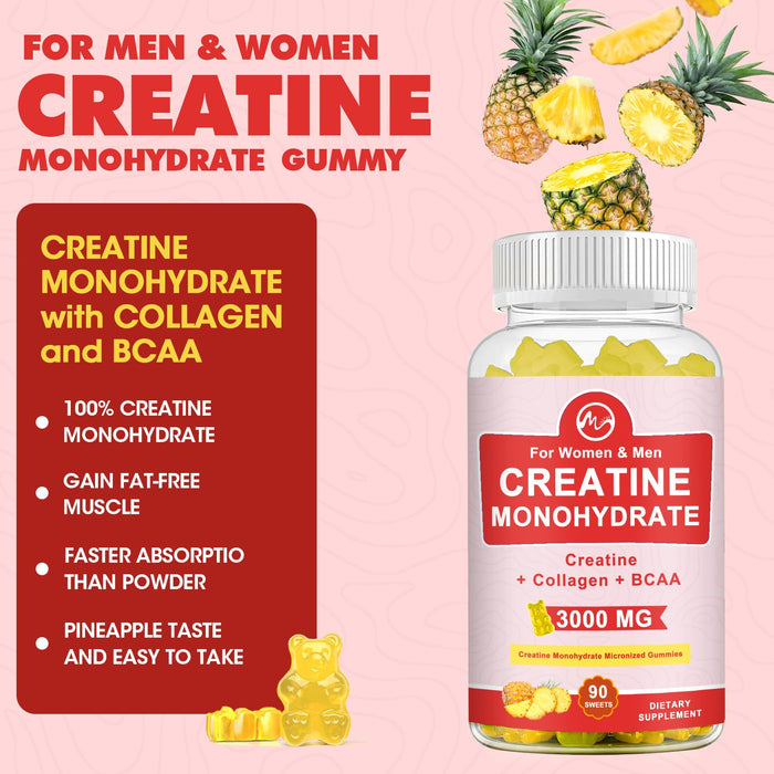 (2 Pack) Creatine Monohydrate Gummy, Sugar Free Chewable Creatine Supplements for Men & Women, Creatine Gummy Gains for Building Muscle, Energy, Pre Workout, Pineapple Flavored