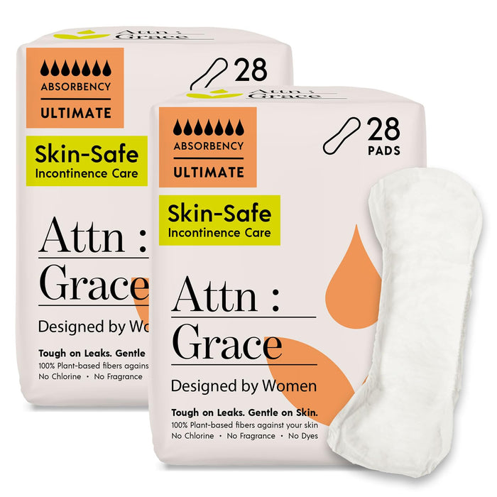 Attn: Grace Ultimate Incontinence Pads for Women 2-Pack (56 Pads Total / 28 per Pack) - High Absorbency for Sensitive Skin | Protection for Heavy Bladder Leakage/Discreet, Breathable, & Plant-Based
