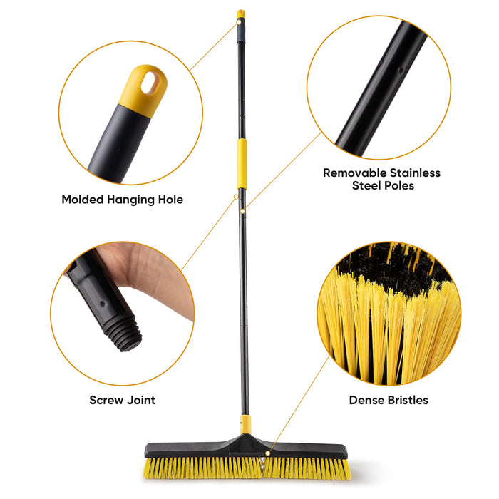 Yocada 24 inch Push Broom Brush 65.3 inch Long Handle Stiff Bristles Heavy-Duty Outdoor Commercial Broom for Cleaning Bathroom Kitchen Patio Garage Deck Concrete Wood Stone Tile Floor