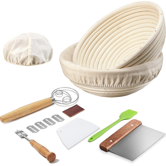 Dimpola Banneton Bread Proofing Basket Banneton Basket Set Sourdough Proofing Basket Round Proofing Bowls Handmade Rattan Baskets and Liners (2 Round 9 inch Baking Set)
