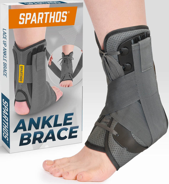 Sparthos Lace Up Ankle Brace - Adjustable Support for Running, Basketball, Volleyball - for Injury Recovery and Sprains - Compression Stabilizer Braces - For Men & Women (Gray - Large)