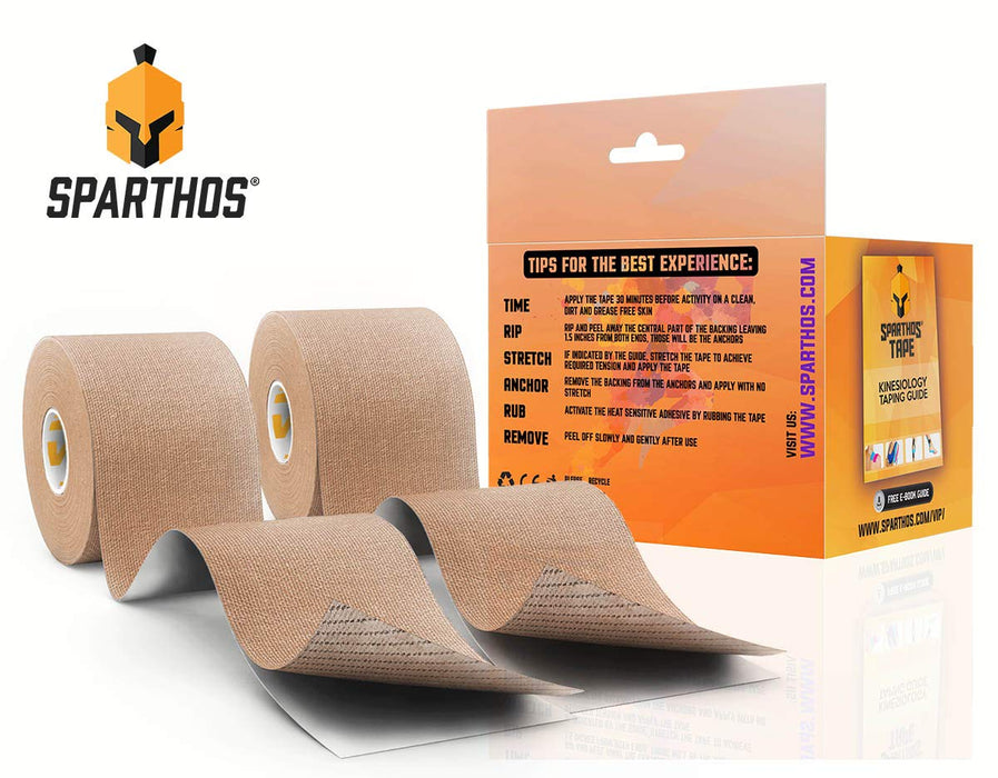 Sparthos Tape Kinesiology Tape (Pack of 2) - Incredible Support for Pro Athletic Sports and Recovery - Free Kinesio Taping Guide! - Waterproof Tex Rock Gold Lift Tapes - Uncut (2X Beige)