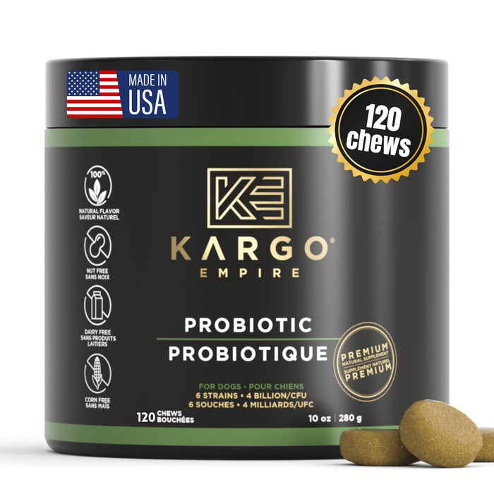 Kargo Empire Probiotic Dog Supplement – Supports Digestion & Healthy Immune System – Helps with Gut Health, Itchy Skin, Seasonal Allergies, and Yeast – 4 Billion CFU’s/2 Chews – 120 Soft Chews