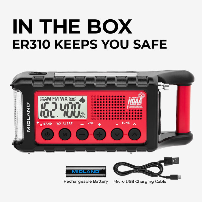 Midland - ER310, Emergency Crank Weather AM/FM Radio - Multiple Power Sources, SOS Emergency Flashlight, Ultrasonic Dog Whistle, & NOAA Weather Scan + Alert (Red/Black)