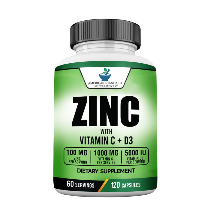 American Standard Supplements Zinc 100 mg, Vitamin C 1000 mg & Vitamin D3 5000 IU – 120 Capsules, Non-GMO, Gluten-Free Supplement