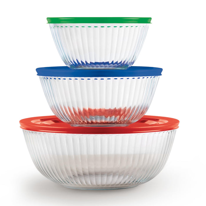Pyrex Sculpted (3-Pack) Glass Mixing Bowls Set With Lids For Prepping, Baking and Cooking, Preheated Oven, Dishwasher, Freezer, and Microwave Safe