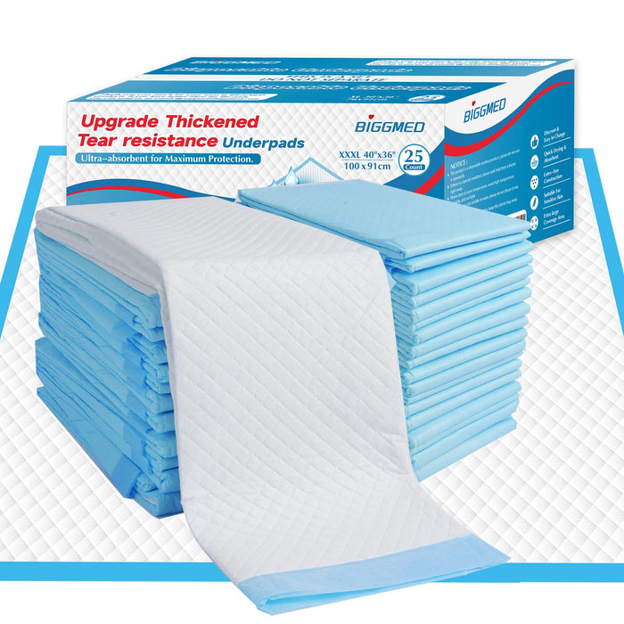 BIGGMED Tear-Resistant Incontinence Bed Pads 40'' x 36'' 130 Gram Heavy Duty (25 Count) Disposable Underpads Chucks Pads for Adults, Kids & Elderly | Protection Pads for Bed, Sofa, and Chair