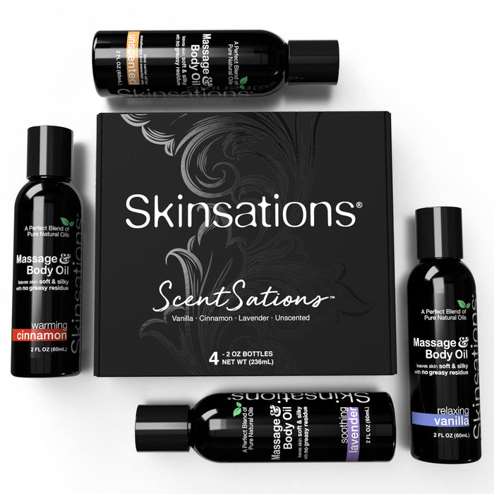 Skinsations - Massage Oil Kit (Set of 4) Natural Scents of Vanilla, Cinnamon, Lavender in a Blend of Sweet Almond Oil, Fractionated Coconut Oil, Grapeseed Oil & Jojoba Oil Body Oil