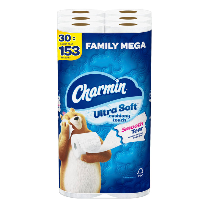 Charmin Toilet Paper Ultra Soft Cushiony Touch, 30 Family Mega Rolls = 153 Regular Rolls