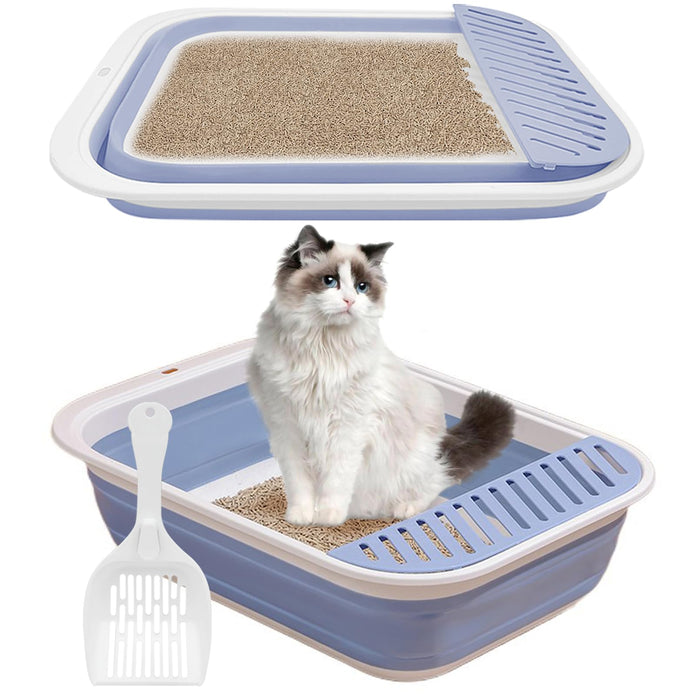 BNOSDM Senior Cat Litter Box Low Entry Kittens Travel Litter Box with Scoop Open Collapsible Shallow Cats Potty Pan Foldable Pet Toilet for Sick Disabled Older Elderly Cats Blue