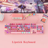 HUO JI Typewriter Mechanical Gaming Keyboard with RGB Sidelit and Rainbow Backlit, Retro Style, Red Switches, Metal Panel, Lipstick 104 Keys for Mac, PC, Cute Pink