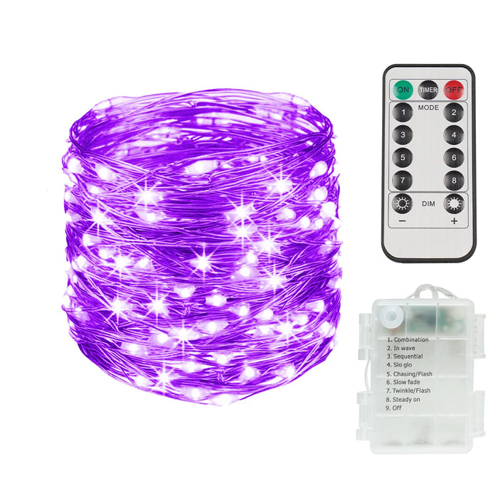 suddus Christmas Fairy Lights Battery Operated, 33ft 100 LED Fairy Lights with Remote, Purple String Lights for Outside, Porch, Home, Backyard, Window, Yard, Garland, Party Decorations