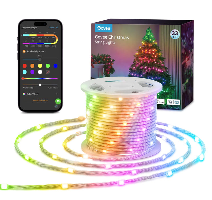 Govee String Lights 33ft, Smart RGBIC Christmas String Lights App-Controlled, 99+ Preset Scene Modes, IP65 Waterproof, Sync with Music, Works with Alexa, Rope Light for Summer Holiday Party Decor