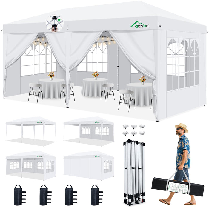 Acepic 10x20 Pop Up Canopy,2 Central Lock Easy Set-up Outdoor Party Tent, Commercial Tent, 6 Removable Sidewalls, Stakes x12, Ropes x6, Hand Bag x1, Sandbags x4 (White, 10 * 20)