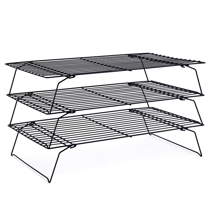 Cooling Rack for Baking 3 Tiers, 16" x 10" Cookie Cooling Wire Rack Stackable Collapsible Nonstick, Stainless Steel Baking Cooking Cooling Racks with Optimum Air Flow, Black