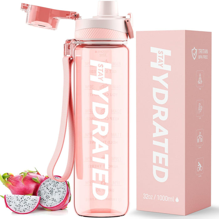Water Bottle, 32 oz Motivational Water Bottles with Time Marker-Tritan & BPA Free, Sports Water Bottle with Time to Drink & Strap, Wide Mouth, Leakproof -Gift for Christmas Gym Fitness & Outdoor