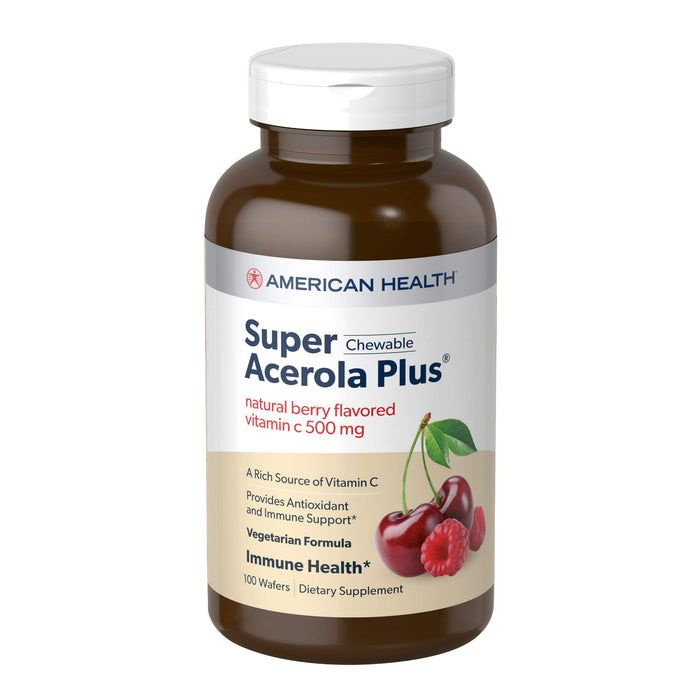 American Health Super Acerola Plus Chewable Wafers, Natural Berry Flavored Vitamin C - Provides Antioxidant & Immune Support - Gluten-Free, Vegetarian - 500 mg, 100 Total Servings