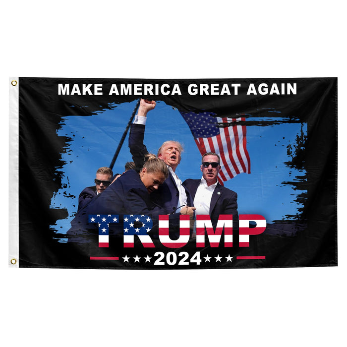Trump Shooting Flags Trump 2024 Flag Pennsylvania Rally Shooting Survivor Fight Strong Fist Pump Flag with Brass Grommets 3X5 Feet Outdoor Banner Polyester Flag