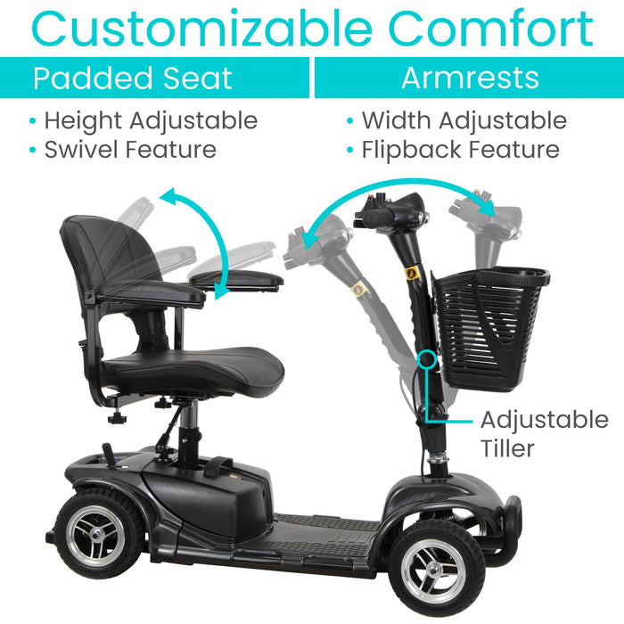 Vive 4 Wheel Mobility Scooter - Electric Powered Wheelchair Device - Compact Heavy Duty Mobile for Travel, Adults, Elderly - Long Range Power Extended Battery with Charger and Basket Included