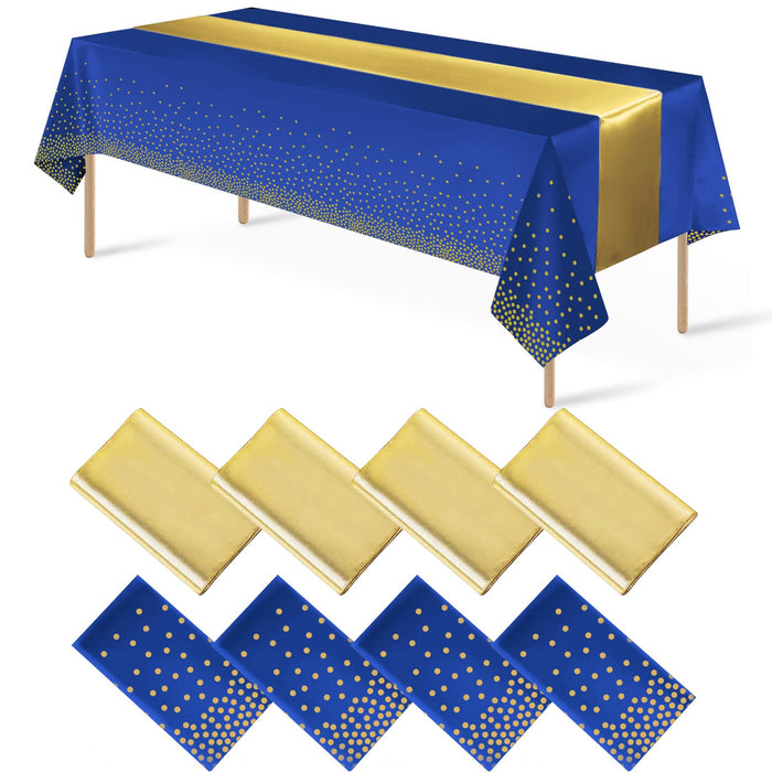 8Pack Disposable Plastic Tablecloths and Satin Table Runner Set Blue and Gold Dot Tablecloth Gold Satin Table Runner for Wedding Birthday Baby Shower Anniversary Christmas New Year Party Decorations