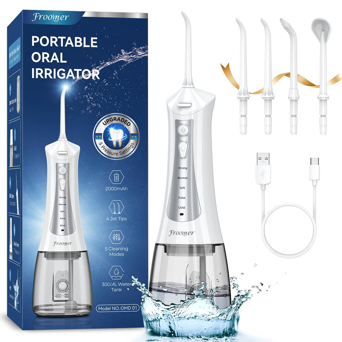 Water Flosser for Teeth Cordless, 300ML Powerful Water Teeth Cleaner Pick Rechargeable Oral Irrigator, 5 Modes Water Dental Flosser Teeth Pick for Teeth Cleaning,Home Use Travel Friendly (White)