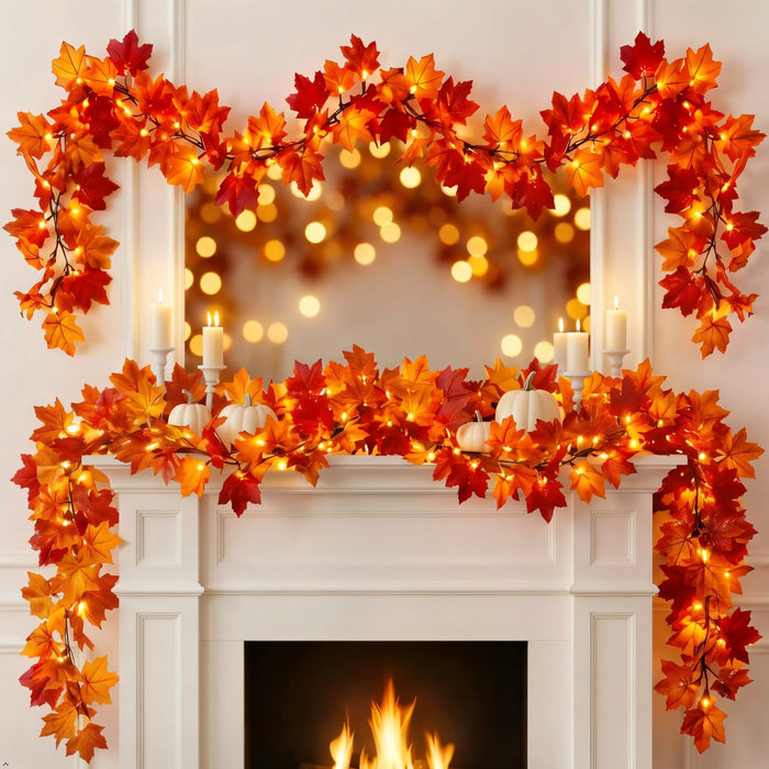 Brillarlights Fall Leaf Garland with Lights Plug in, 11FT Lighted Maple Leaf Garland with 50 Orange Bulbs, Connectable Fall Decorations for Home, Thanksgiving Halloween Mantel Stairs Porch Decor