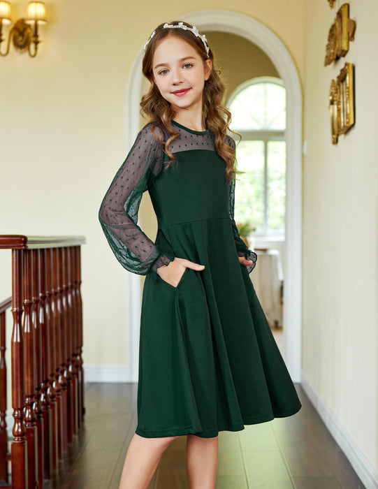 Arshiner Girl's Sheer Mesh Lantern Long Sleeve Green Christmas High Waist Elegant Party Short Dress 14-16 Years