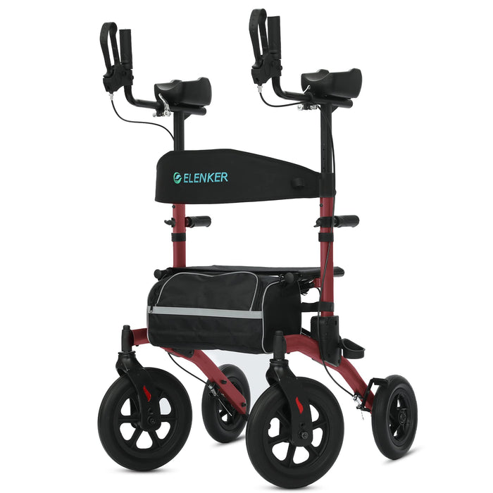 ELENKER All-Terrain Upright Rollator Walker, Stand up Rolling Walker with Seat, 12” Non-Pneumatic Tire Wheels, Compact Folding Design for Seniors, Red