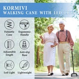 Kormivi Walking Cane for Women & Men, Large Base Quad Cane with Adjustable LED Light,Height Adjustable Canes for Men with Anti-Slip Bottom Tips, Walking Stick with Wrist Strap