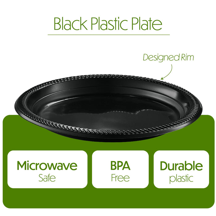 PLASTICPRO 100 PCS Black Plastic Plates Light Weight 10'' Inch Plastic Dinner Plates Black Plates Disposable for Party and Wedding