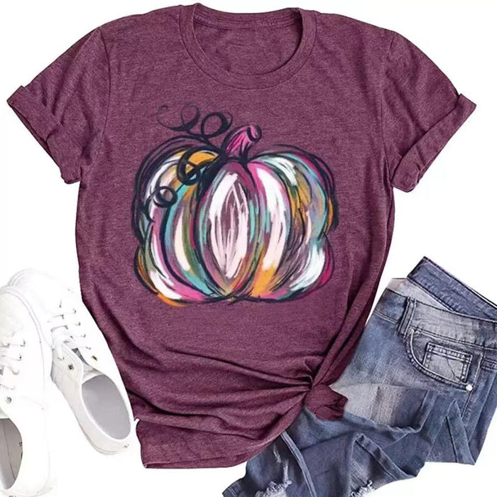 Halloween Shirts Purple Pumpkin Shirt Women Colorful Graphic Tees Funny Short Sleeve Fall Shirt Thanksgiving Gift Tops
