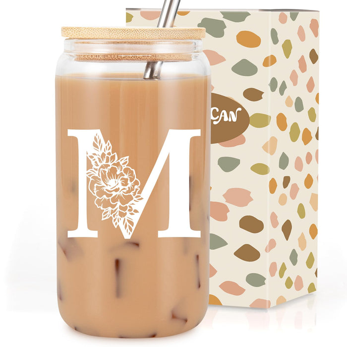 Coolife Initial Glass Cup, Monogrammed Gifts for Women, 16 oz Glass Cups w/Lids Straws, Iced Coffee, Smoothie, Beer Glass Tumbler w/Straw Lid - Personalized Christmas, Birthday Gifts for Her Mom