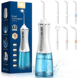 Cordless Water Dental Flosser for Teeth - Portable and Rechargeable Oral Irrigator with 350ML Tank 5 Modes 6 Replaceable Tips- IPX7 Waterproof Powerful Battery Water Dental Picks for Travel Home Use