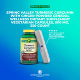 Spring Valley, Turmeric Curcumin 500mg, with Ginger Powder 250 Count General Wellness, Turmeric Curcumin Capsules, Dietary Supplement Vegetarian + 7 Day Pill Organizer Included (Pack of 1)