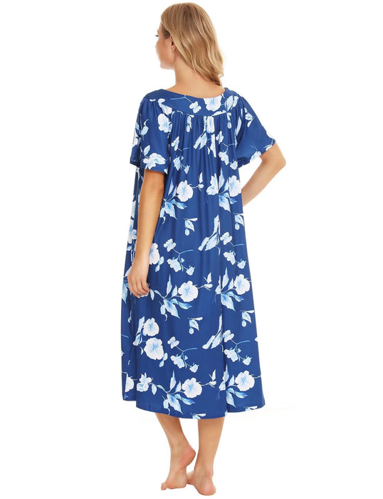 Bloggerlove House Dress for Women Elderly Moomoo Short Sleeve Muumuu Dresses House Coats Grandma Nightgowns(Blue,S)