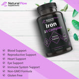 Iron Supplement 2-in-1 Complete Complex - Natural Flow 2X Heme and Chelated Non Heme Iron Bisglycinate, Folate, B and Vitamin C, for Anemia and Blood Building Support, Gentle on Stomach, 90 Caps