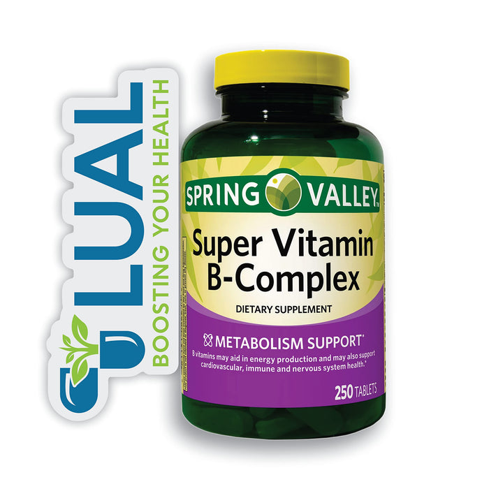 Super Vitamin B-Complex Tablets. Includes Luall Sticker + Spring Valley Super Vitamin B-Complex Tablets Dietary Supplement (250 Tablets)