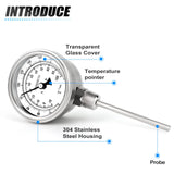 MEANLIN MEASURE 1/2" NPT Bimetal Thermometer for hot Water, boilers, and Pipes，3.3" Dial, 4.4" Stainless Steel Stem，Temperature Range 0-220°F/-10-100 ° C, Accuracy 2%,Lower Mount