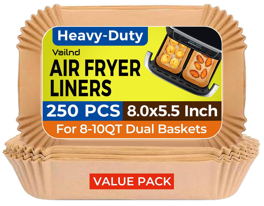 Air Fryer Liners Disposable for Dual Basket, 250Pcs 8x5.5 Inch Rectangular Parchment Paper for Ninja DZ201 DZ401, Chefman/COSORI 2-Basket Air Fryer, Oil Proof Baking Paper Sheets by Vailnd