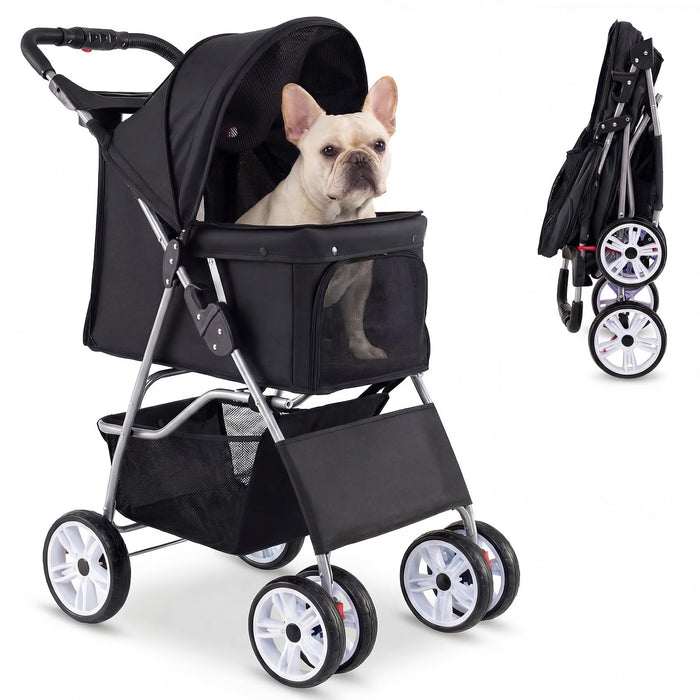 Giantex Foldable Pet Stroller for Small Dogs & Cats, Lightweight Dog Stroller with Lockable Wheels, One-Hand Quick Fold, Adjustable Canopy, Safety Leash & Storage Basket, Pet Travel Stroller, Black