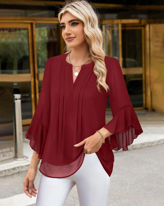 Timeson Fall Blouses for Women 2024: Business Casual - Women Work Tops - Womens Dress Shirts Fashion V Neck Ladies Office Top Fall Professional Attire Wrinkle Free Chiffon Tunics Christmas Wear Red XL