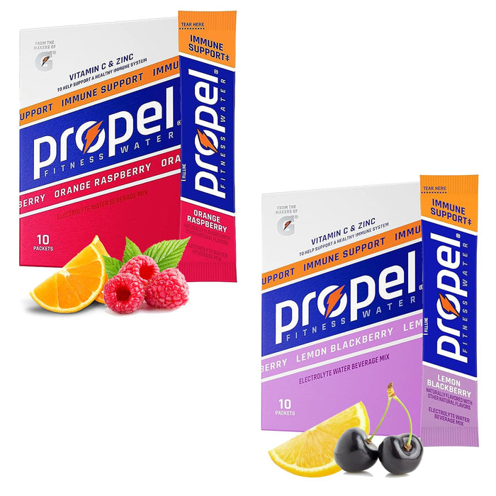 AYD Goods Propel Immune Support Powder Packets Variety Pack, 20 Counts of Propel Powder Packets with Vitamin C + Zinc, Includes 1 Box Each of Orange Raspberry and Lemon BlackBerry