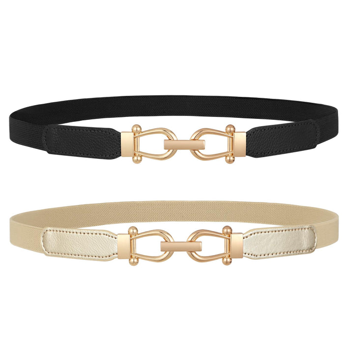 JASGOOD Women Skinny Elastic Belt for Dresses,Thin Retro Stretch Waist Belt with Golden Buckle 2 Pack,Black+Gold,Fit waist size 26-30 inch