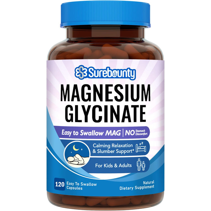 Surebounty Magnesium Glycinate, for Kids & Adults, Chelated for Max Absorption, Gut-Friendly, Non-GMO, Calm, Relax & Restful Slumber, Easy to Swallow, 120 Mini Caps