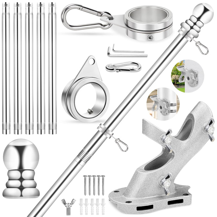 REERON Flag Pole for House, 6 FT Stainless Steel Spinning Flag Pole Kit, 1" Rustproof Porch Flagpole with 360° Tangle Free Metal Flagpole Rings & 2-Position Bracket for Outdoor Sport for 3x5 Flags