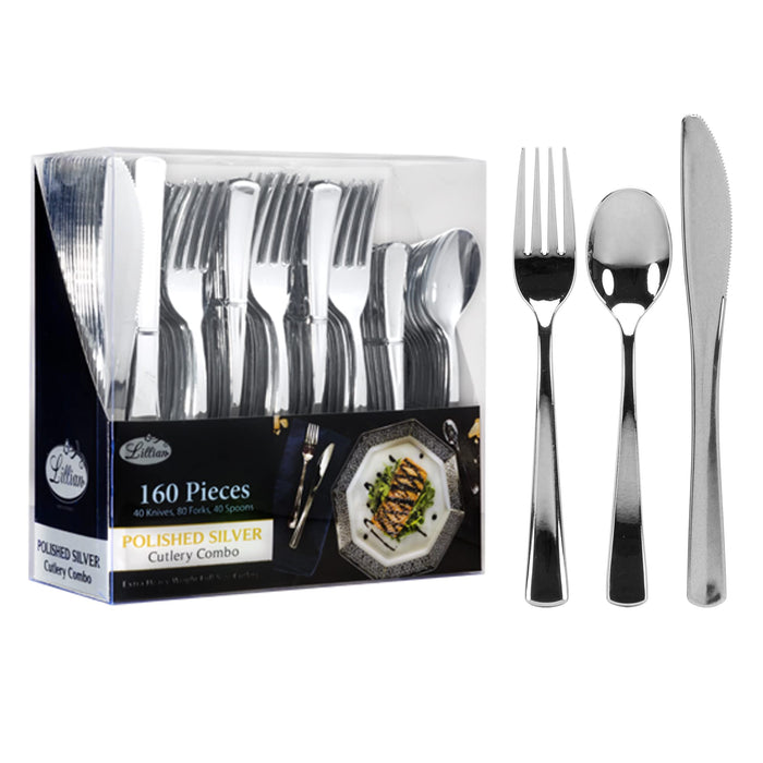 Plastic Cutlery Silverware Extra Heavyweight Disposable Flatware, Full Size Cutlery Combo, Polished Silver, 80 Forks, 40 Spoons, 40 Knifes, Value Pack 160 Count