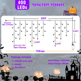 33ft Orange Halloween Lights Outdoor, 400 LED Icicle Lights for Outside Indoor Christmas Lights with Connectable Clear Wire 8 Modes Timer Waterproof for House Party Tree Holiday Yard Decorations