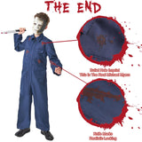 Kids Scary Halloween Costumes Boys Horror Movie Killer Cosplay Blue Jumpsuit with Blood Mask Knife Horror Party QM013M