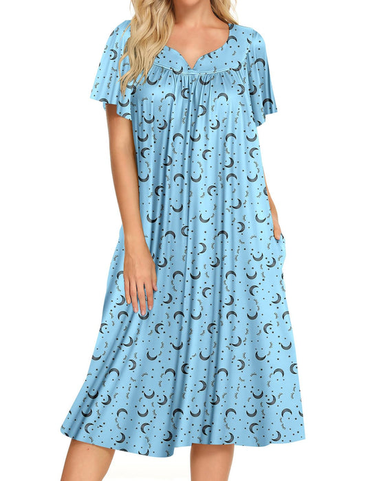 Bloggerlove House Dress Elderly Mumu Dresses Short Sleeve Duster Lounge Dress Moo Moos Nightgowns(Blue,L)